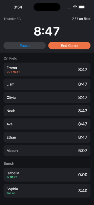 Live game screen showing the game clock, on-field players, and bench